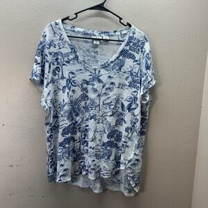 Nicole Miller White Linen V Neck Top Tropical Botanical Print Women’s‎ Size 1X